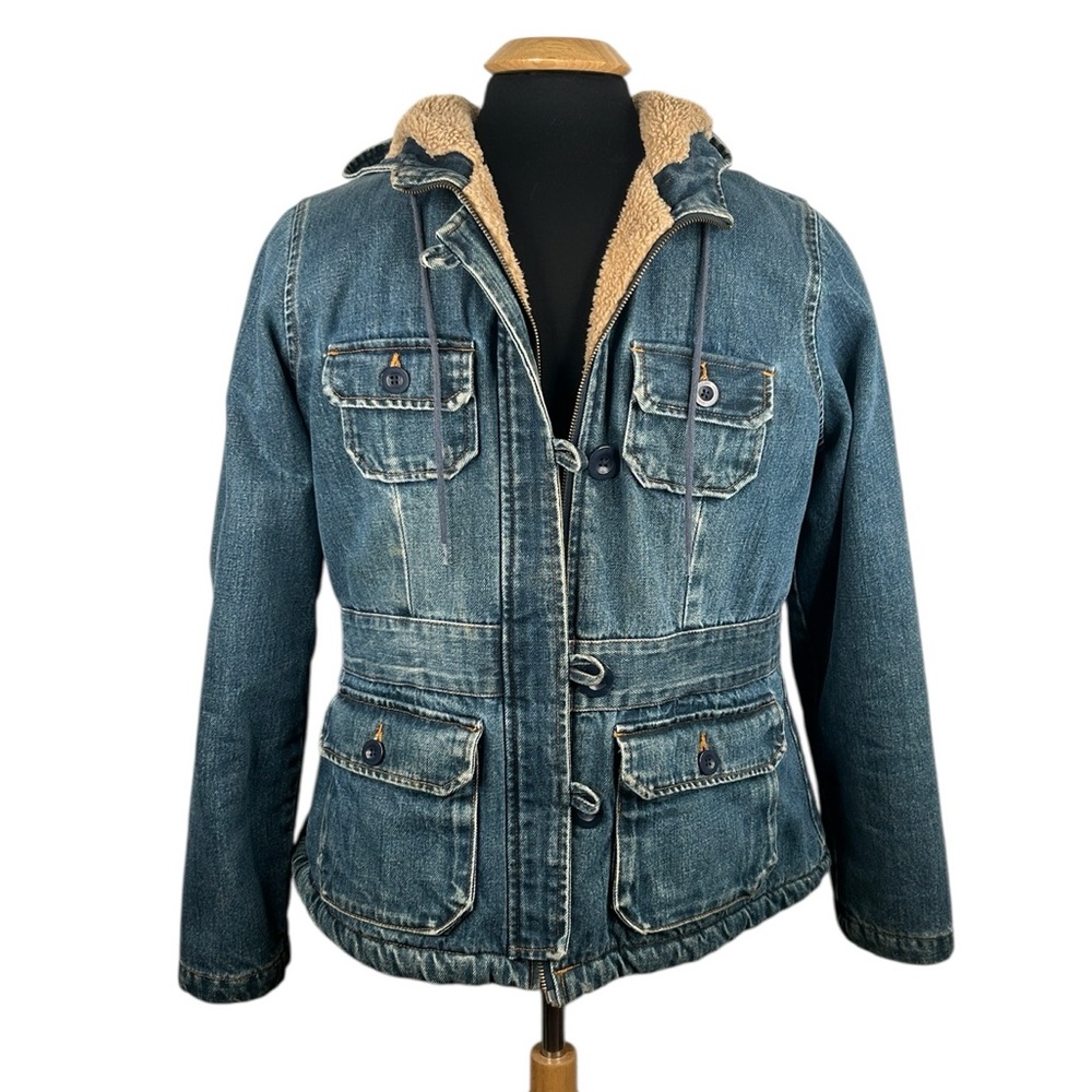 Old Navy Women’s Vintage Y2K Denim Chore Fleece Lined Hoodie Jacket Size XL